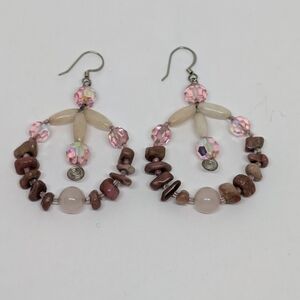 Boho Pink Beaded Hoop Dangle Earrings Handmade Bohemian Stone Chips & Beads